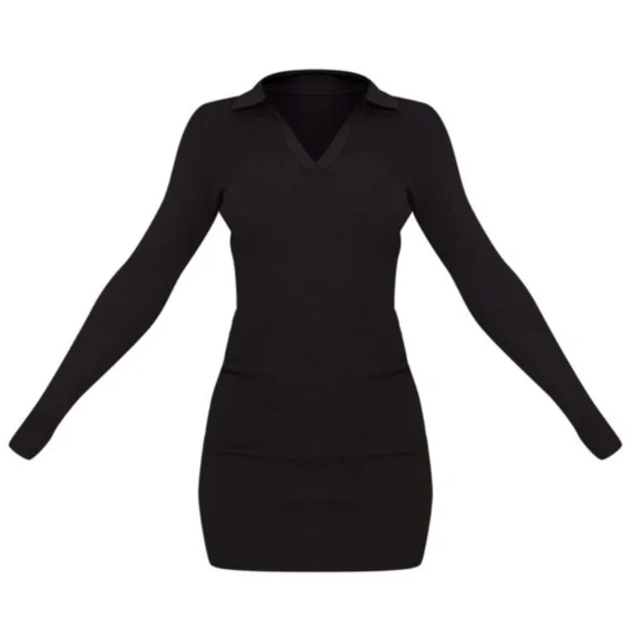NWT PrettyLittleThing Black Long Sleeve Ribbed Bodycon Mini Dress - Picture 4 of 7